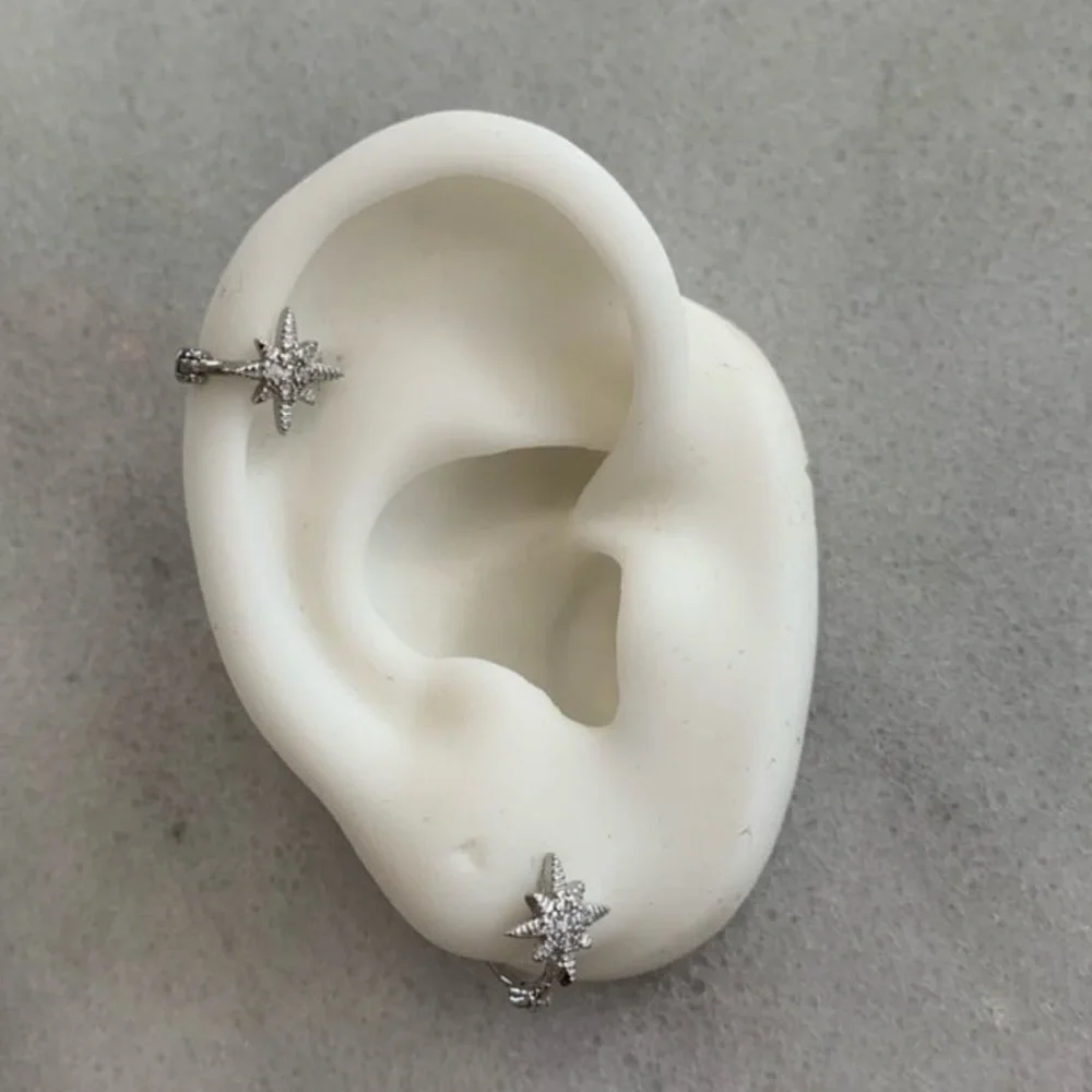 Silver Crystal Star Burst Small Huggie Hoop Earrings   Brand New